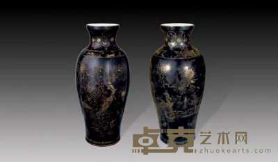 清末 乌金釉描金花鸟瓶（二件） 高59cm